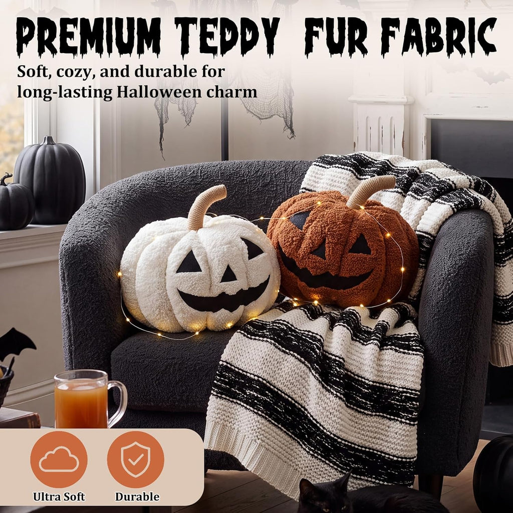 2pcs Fall Halloween 3D Pumpkin Throw Pillows Sherpa Stuffed Pumpkin Decor