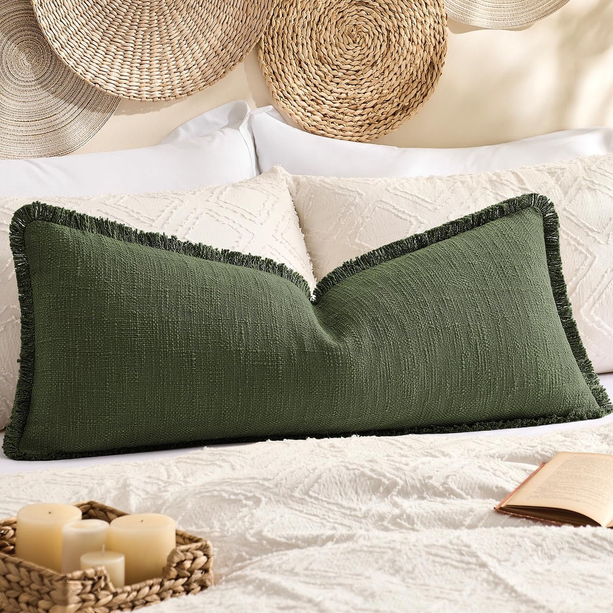 Kevin Textile Boho Tassel 12x20 Inch Lumbar Pillow Cover 1 Pack, Green