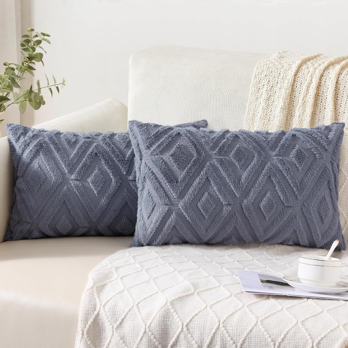 Pallene Fall Cream White Faux Fur Throw Pillow Covers 18x18 Set of 2