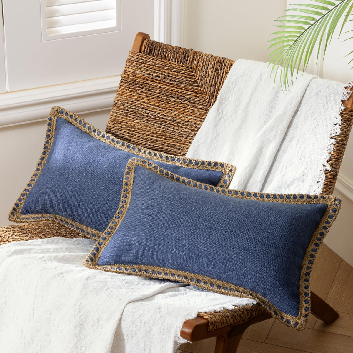 Phantoscope Pack of 2 Coastal Aqua Pillow Covers 18x18, Textured Polyester with Rope Trim, Fade Resistant Vintage Turquoise Blue Decorative Cushion Cases, Hidden Zipper, Farmhouse Boho Beach Decor