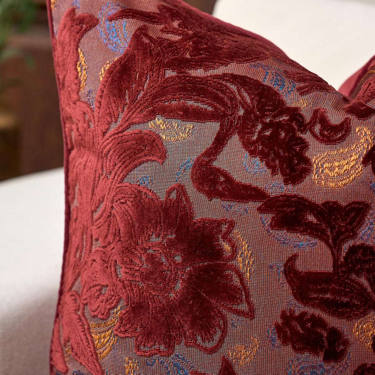 Alerfa Burgundy Neutral Floral Pillow Cover 18 x 18 Inch, Vintage Cut Velvet Square Couch Throw Pillow Cover Soft Decorative Farmhouse Accent Pillowcase for Living Room Bedroom