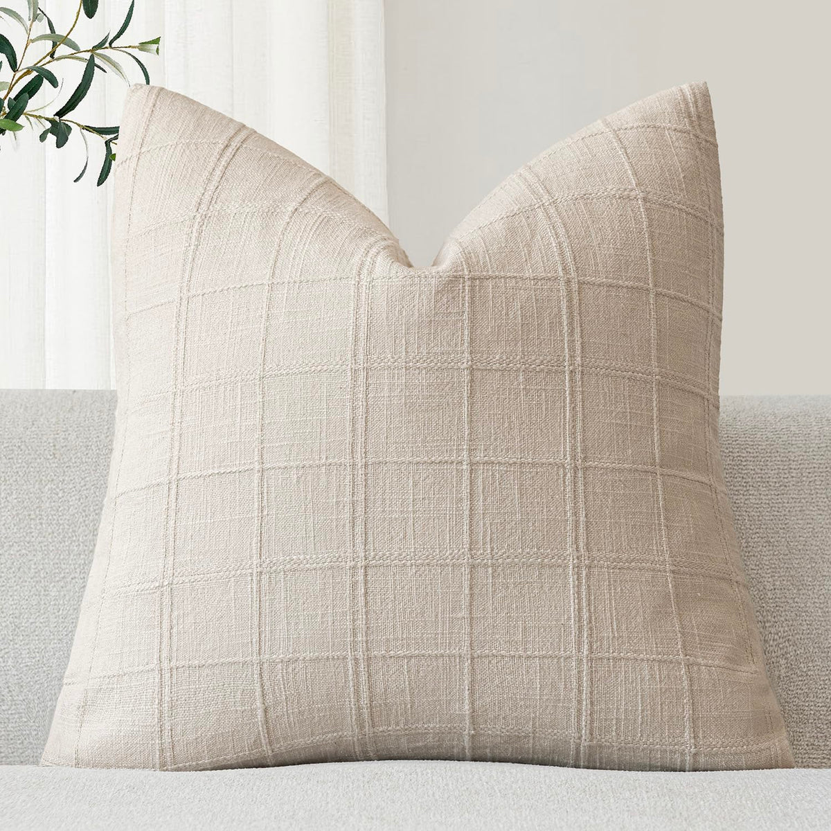 Foindtower Set of 1 Decorative Linen Check Throw Pillow Cover Neutral Farmhouse Lumbar Cushion Cover Modern Boho Home Decor for Sofa Chair Couch Bedroom Living Room,12×20 Inch,Olive Green