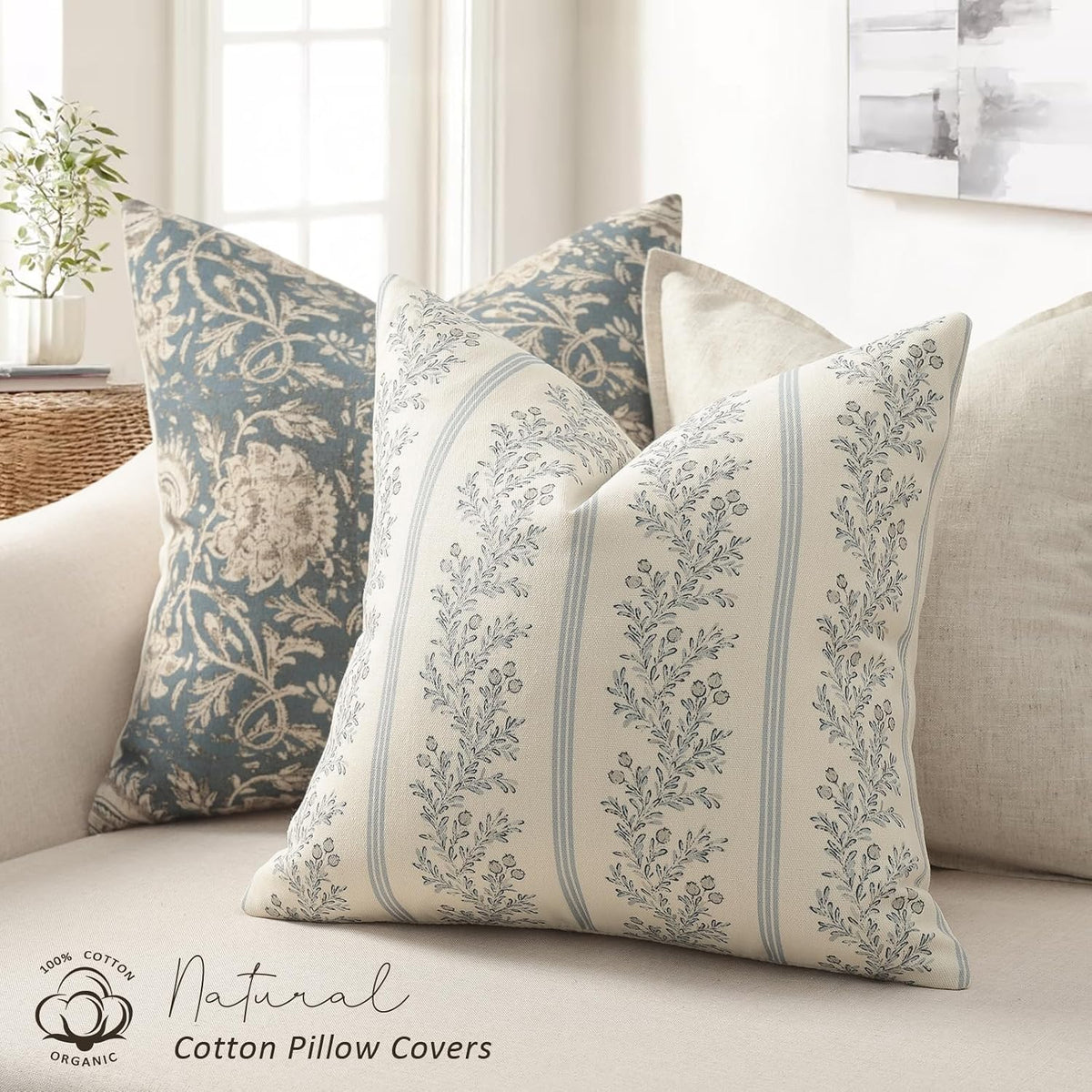 Vintage Throw Pillow Covers 20x20 Set of 2, Striped Floral Pillow Cover Botanical Patterned Decorative Cushion Covers Modern Farmhouse Home Decor for Sofa Couch Bed Living Room, Light Blue