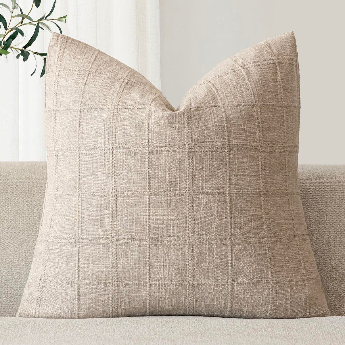 Foindtower Set of 1 Decorative Linen Check Throw Pillow Cover Neutral Farmhouse Lumbar Cushion Cover Modern Boho Home Decor for Sofa Chair Couch Bedroom Living Room,12×20 Inch,Olive Green