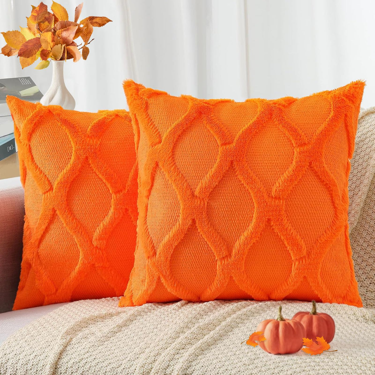 decorUhome Fall Throw Pillow Covers 18x18 Inch Set of 2, Soft Plush Faux Fur Wool Rust Couch Pillow Covers, Decorative Neutral Pillow Cases for Bed Sofa Living Room Home Decor