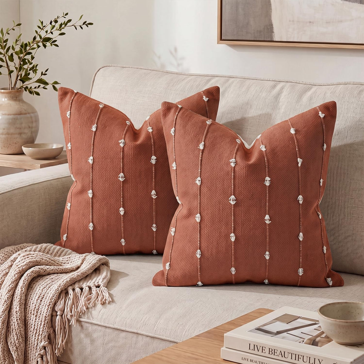 AVOIN colorlife Beige Black Boho Linen Throw Pillow Covers 18x18 Inch 2PC