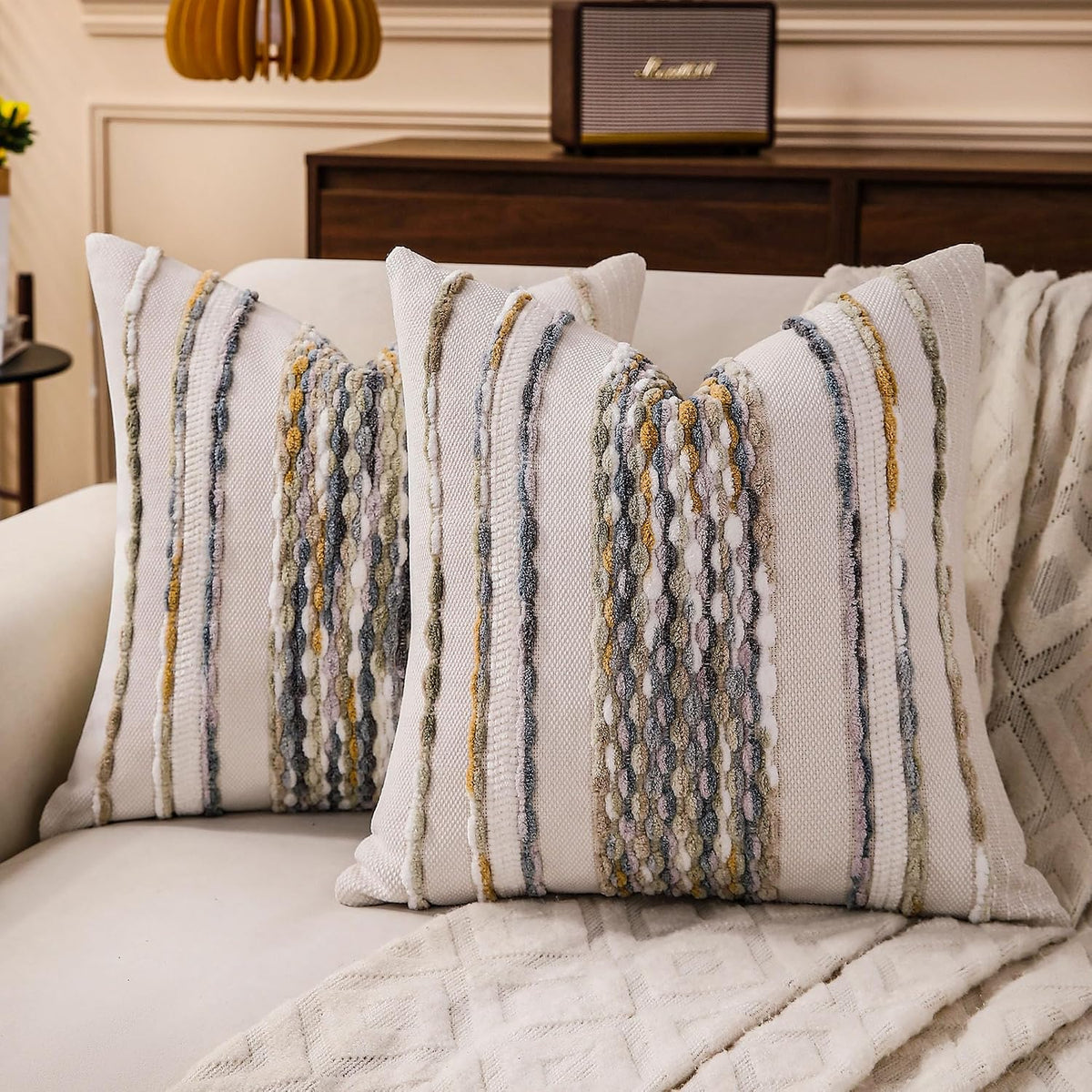 Boho Striped Throw Pillow Covers 18x18 Inch Set of 2 Farmhouse Square Decorative Pillow Covers Chenille Tufted Accent Neutral Pillowcase Grey Blue Cushion Cover for Living Room Couch Sofa Bed