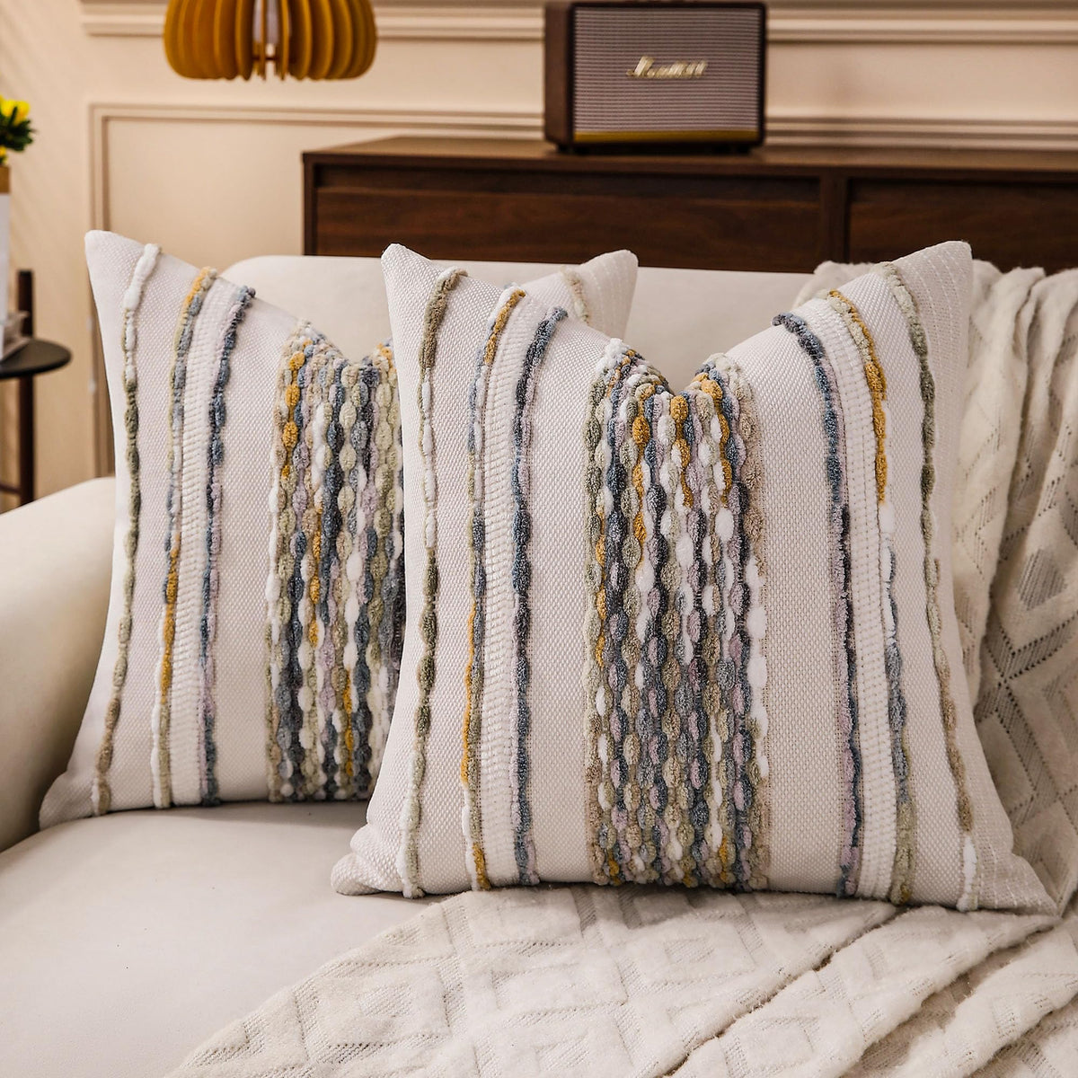 Boho Striped Throw Pillow Covers 18x18 Inch Set of 2 Farmhouse Square Decorative Pillow Covers Chenille Tufted Accent Neutral Pillowcase Grey Blue Cushion Cover for Living Room Couch Sofa Bed