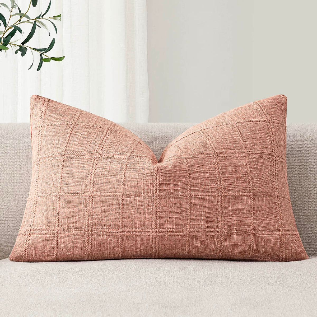 Foindtower Set of 1 Decorative Linen Check Throw Pillow Cover Neutral Farmhouse Lumbar Cushion Cover Modern Boho Home Decor for Sofa Chair Couch Bedroom Living Room,12×20 Inch,Olive Green