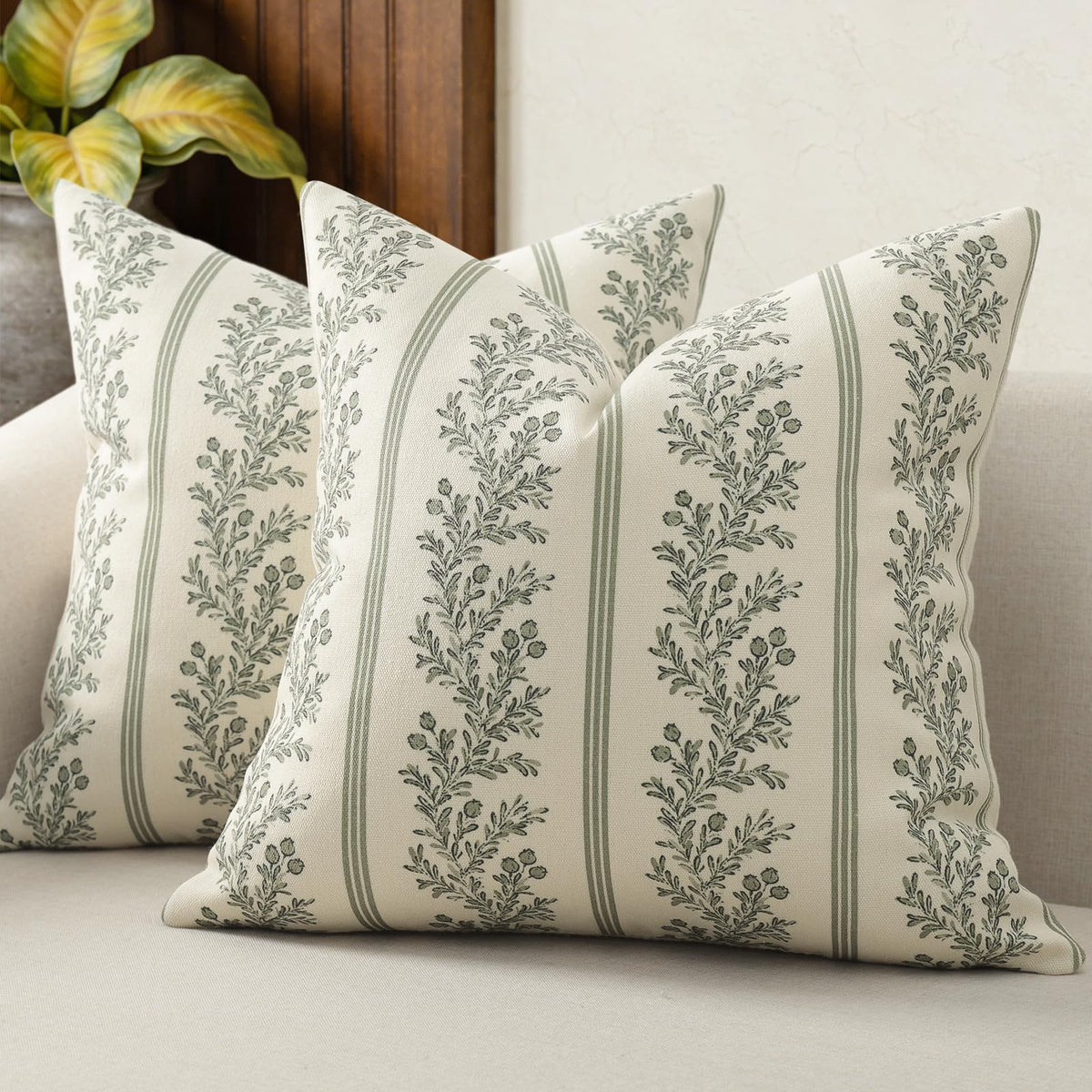 Vintage Throw Pillow Covers 20x20 Set of 2, Striped Floral Pillow Cover Botanical Patterned Decorative Cushion Covers Modern Farmhouse Home Decor for Sofa Couch Bed Living Room, Light Blue