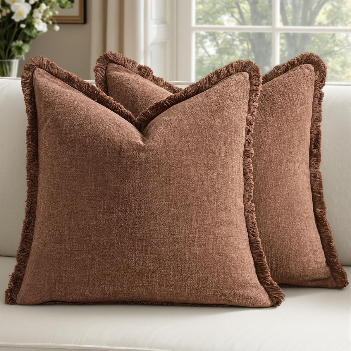 Linen Fringe Throw Pillow Covers 20x20 Inch Set of 2,Navy Blue