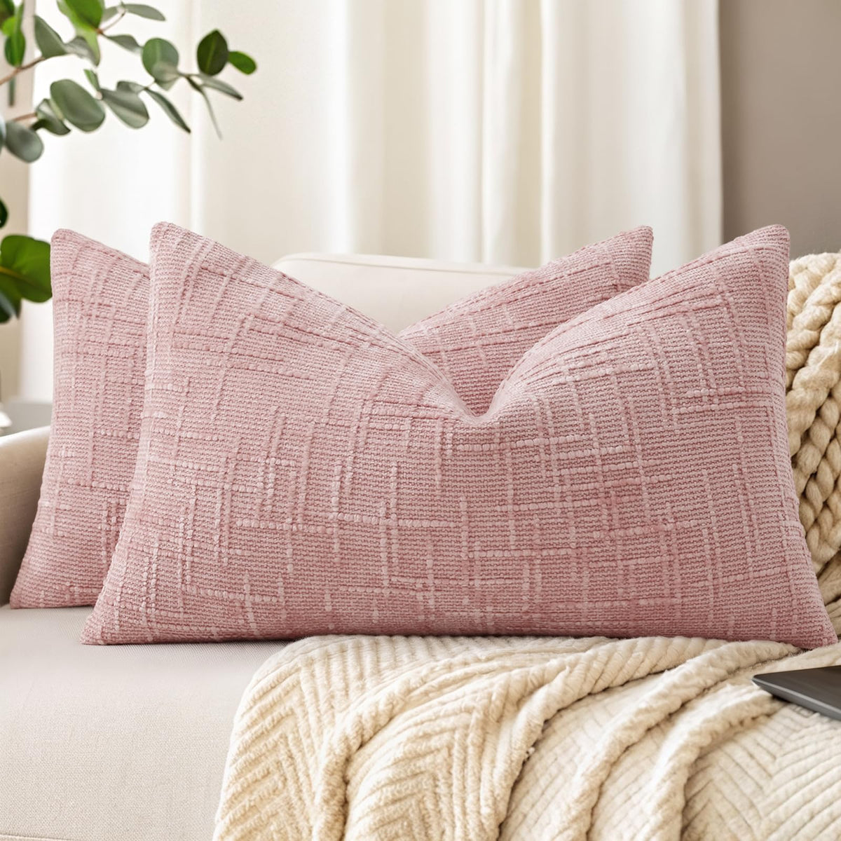 decorUhome Textured Chenille Throw Pillow Covers 18x18 Set of 2 Ivory