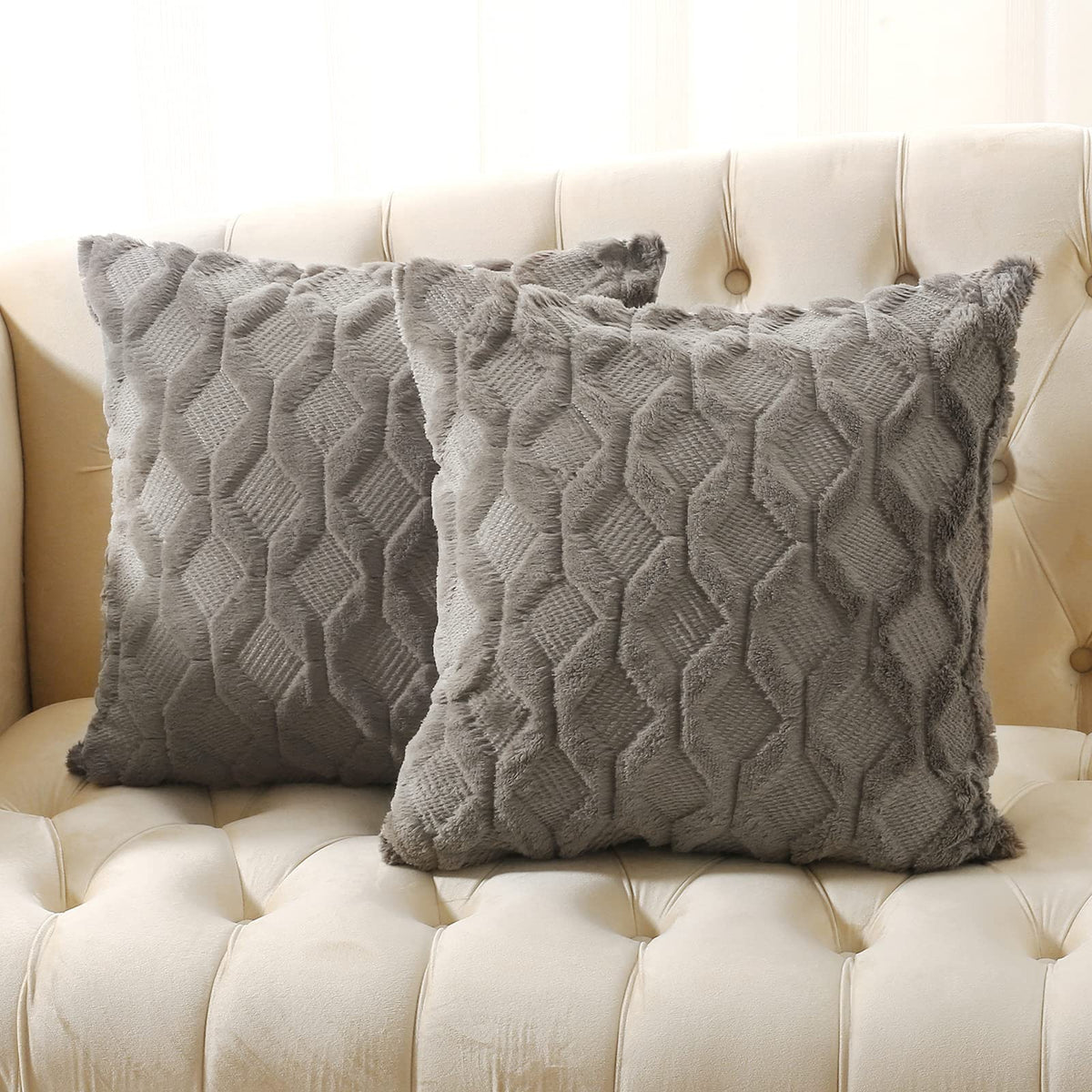 Volcanics Pack of 2 Faux Wool Light Brown Throw Pillow Covers 20x20 Inch