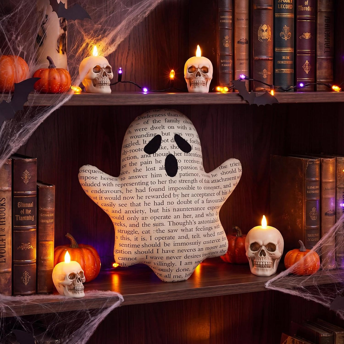 RattanView Ghost Halloween Pillow Vintage Book Page Plush Throw Decor