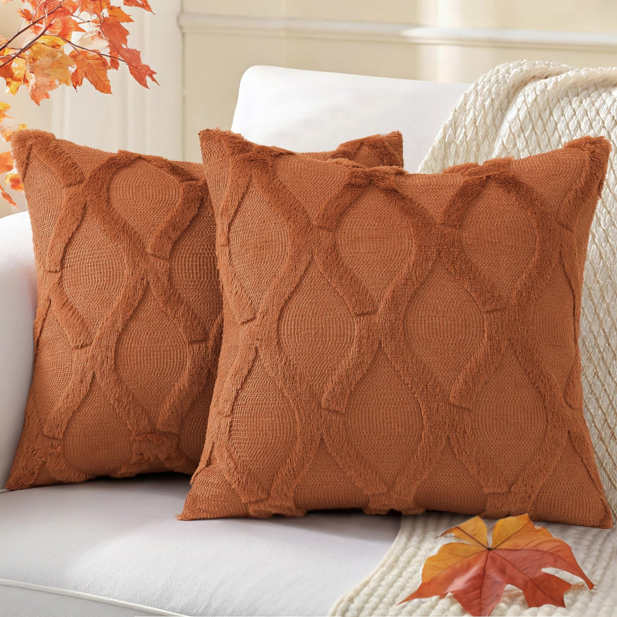 decorUhome Fall Throw Pillow Covers 18x18 Inch Set of 2, Soft Plush Faux Fur Wool Rust Couch Pillow Covers, Decorative Neutral Pillow Cases for Bed Sofa Living Room Home Decor