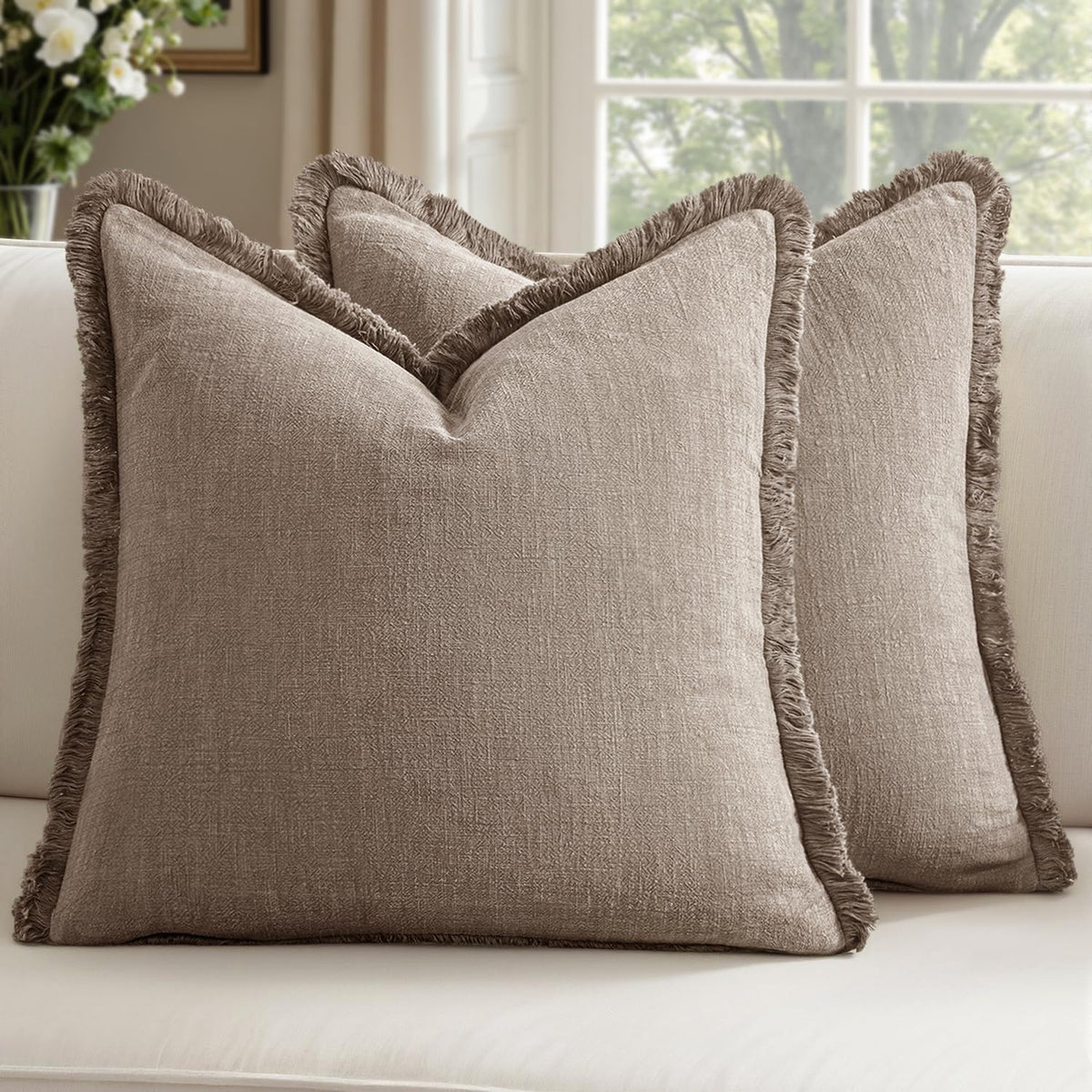 Linen Fringe Throw Pillow Covers 20x20 Inch Set of 2,Navy Blue