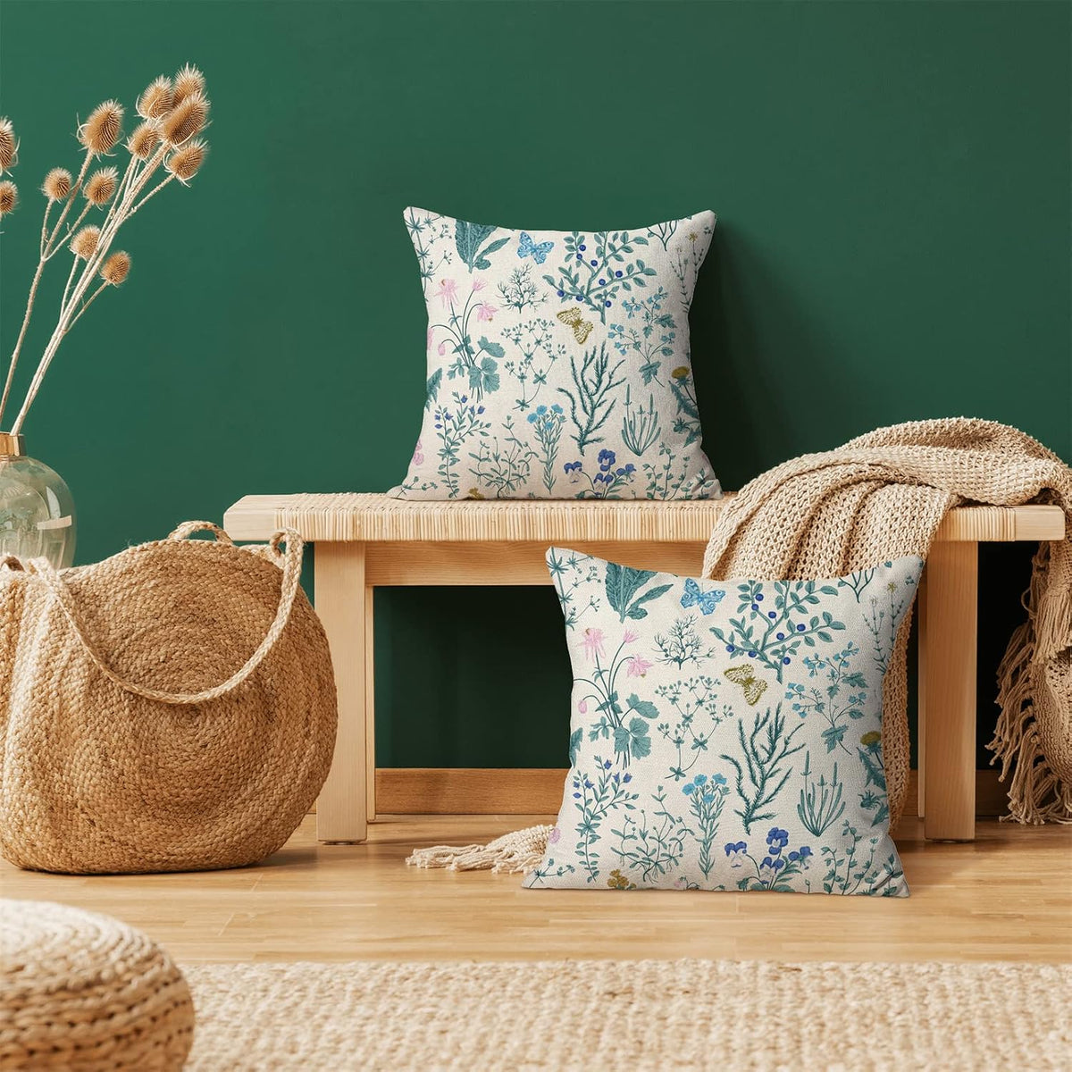 AEIOAE Spring Pillow Covers 18x18 Inch Set of 2,Blue Teal Wild Flower Plant Throw Pillows Case,Seasonal Floral Outdoor Decorative Square Linen Farmhouse Decor Cushion Covers for Home Sofa Bed Couch
