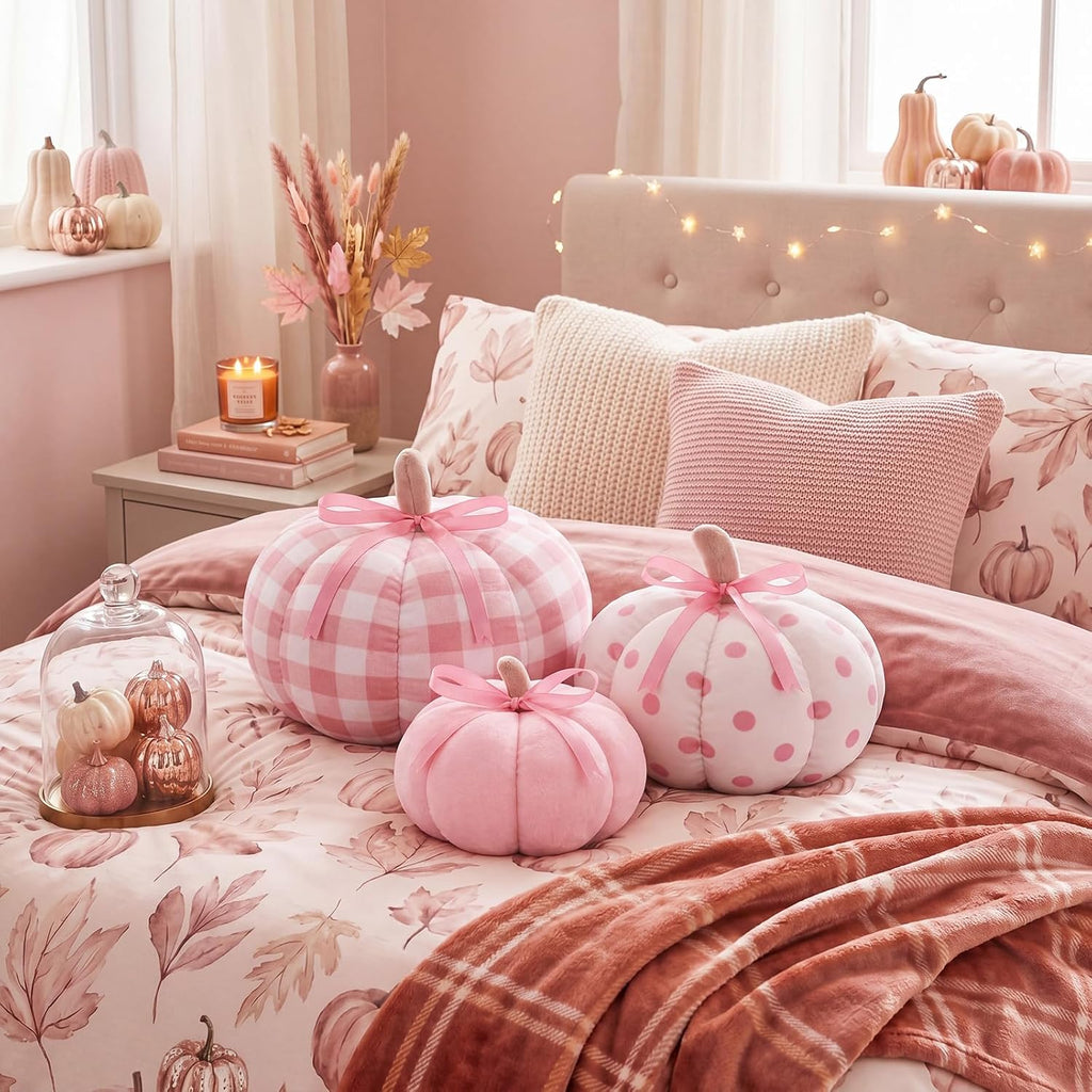 Yookeer 3 Pcs Pumpkin Throw Pillows Sherpa Fall Decor, Pink