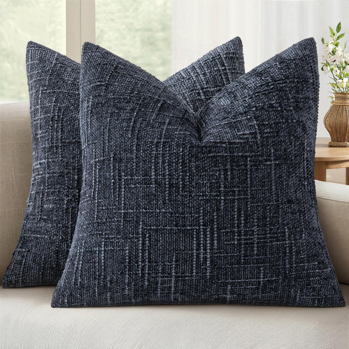 MIULEE Chenille Textured Throw Pillow Covers Cream White 18x18 Set of 2
