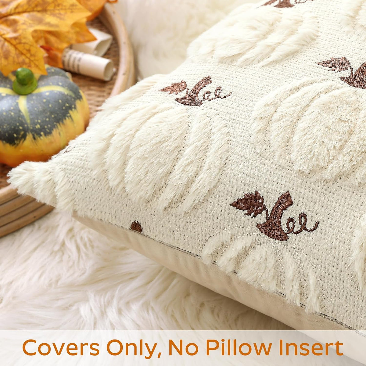 Artscope Fall Pumpkin Throw Pillow Covers 18x18 Set of 2, Autumn Soft Plush Faux Fur Decoration Cushion Covers for Thanksgiving Holiday Couch Sofa Bedroom Home Decor-Beige