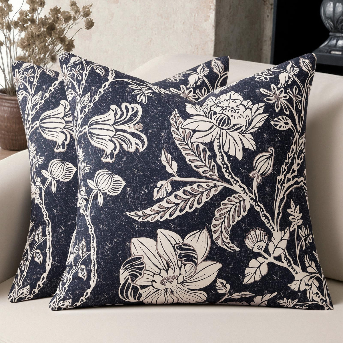 Cotton Navy Blue 18x18 Floral Decorative Sofa Couch Throw Pillow Covers