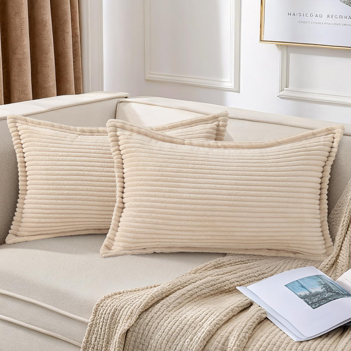 Mecatny Corduroy Fall Throw Pillow Covers 18x18 Set of 2 Cream White
