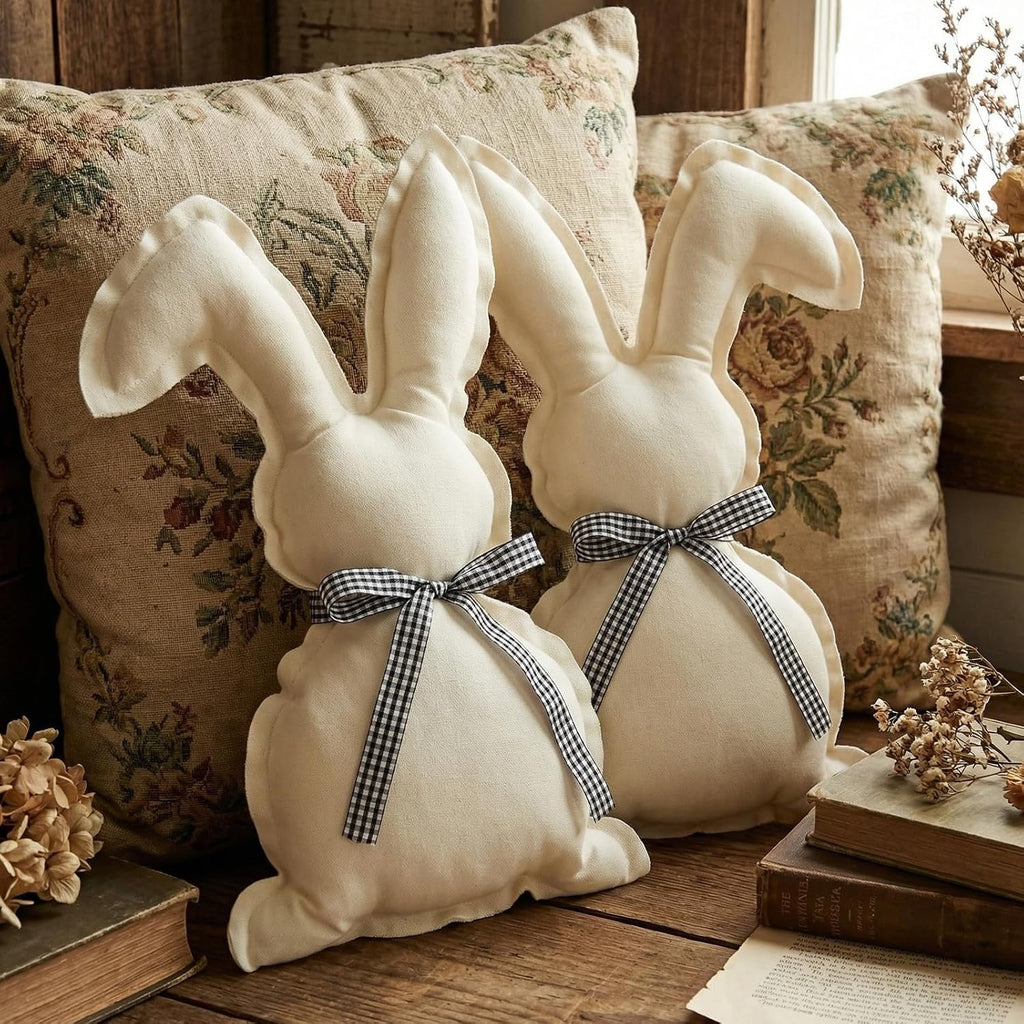 Gilprop 2 Pcs Easter Bunny Throw Pillows Cute Rabbit Shaped Cotton-Linen Decorative Pillows with Plaid Bow Tie Farmhouse Easter Home Decor for Bedroom Sofa Couch Birthday Gift Ideas (16.9x9.8 Inches)