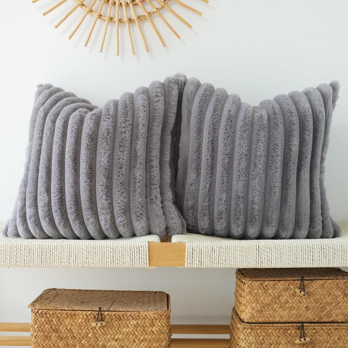 JOJUSIS Faux Fur Plush Throw Pillow Covers, Beige, 24 x 24-Inch