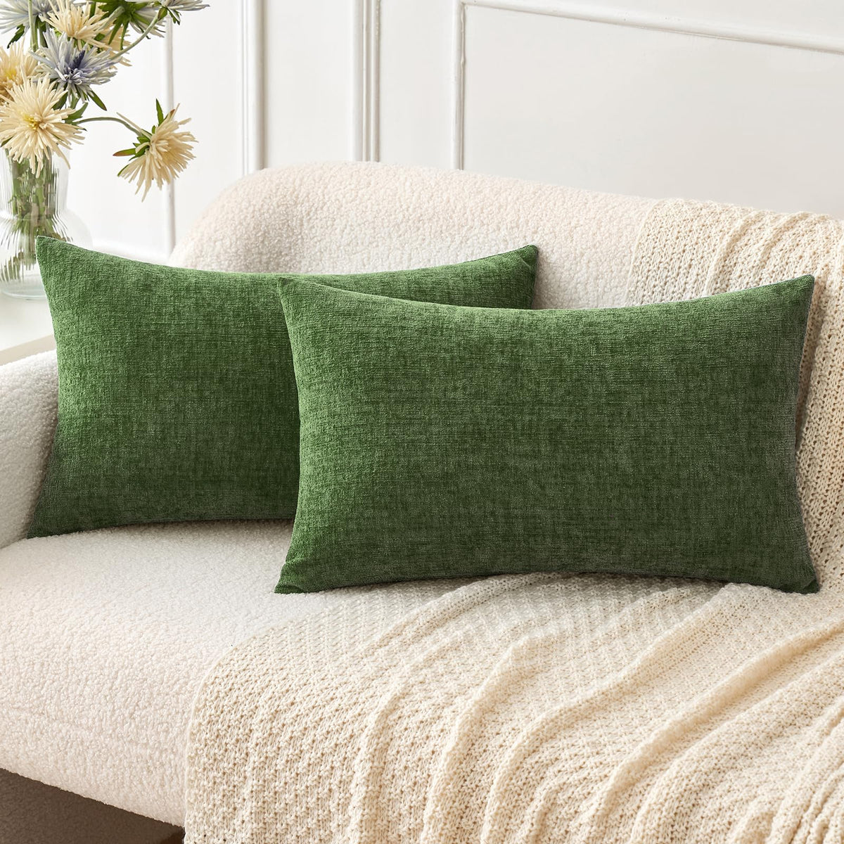 MIULEE Soft Chenille Throw Pillow Covers Green 18x18 Inch Pack of 2