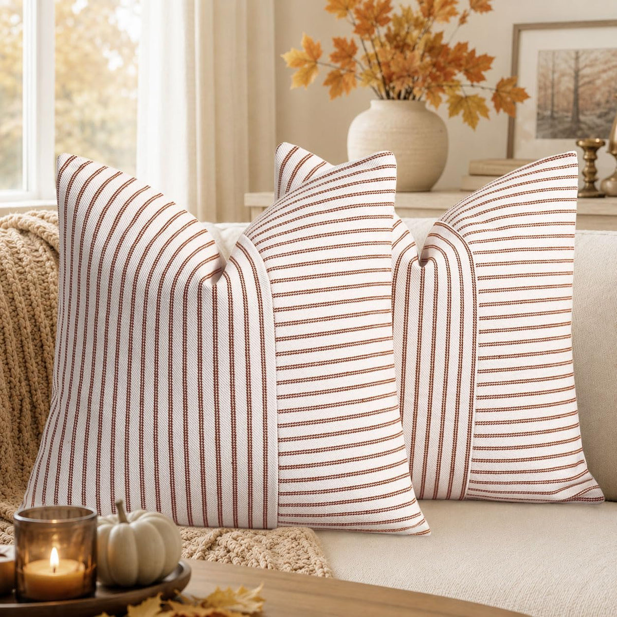 YCOLL Farmhouse Pillow Covers 18x18, Modern Accent Square Throw Pillow Covers Set of 2, Gray and Beige Striped Patchwork Linen Decorative Pillows Cushion Covers for Couch Chair Bedroom Home Decor