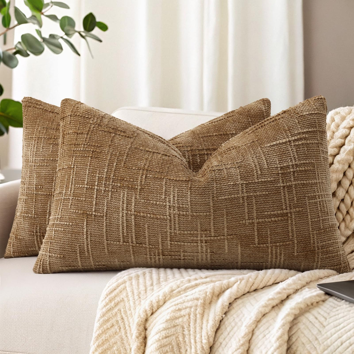 decorUhome Textured Chenille Throw Pillow Covers 18x18 Set of 2 Ivory