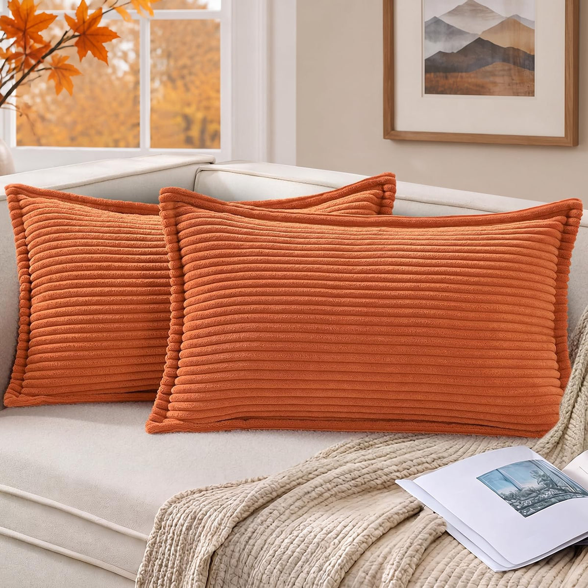 Mecatny Corduroy Fall Throw Pillow Covers 18x18 Set of 2 Cream White
