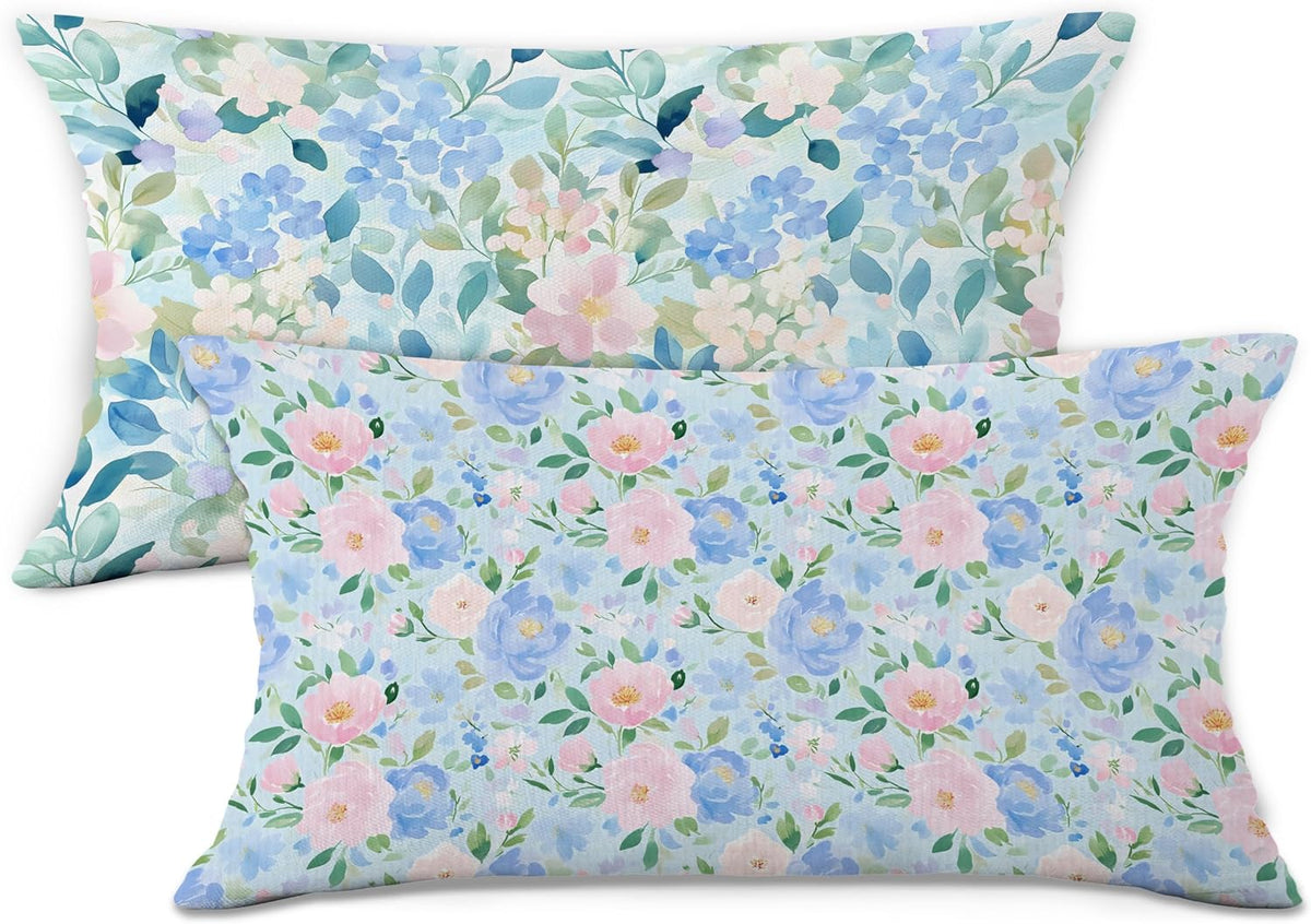 Preppy Blue and Pink Cottage Floral Throw Pillow Covers Set of 2