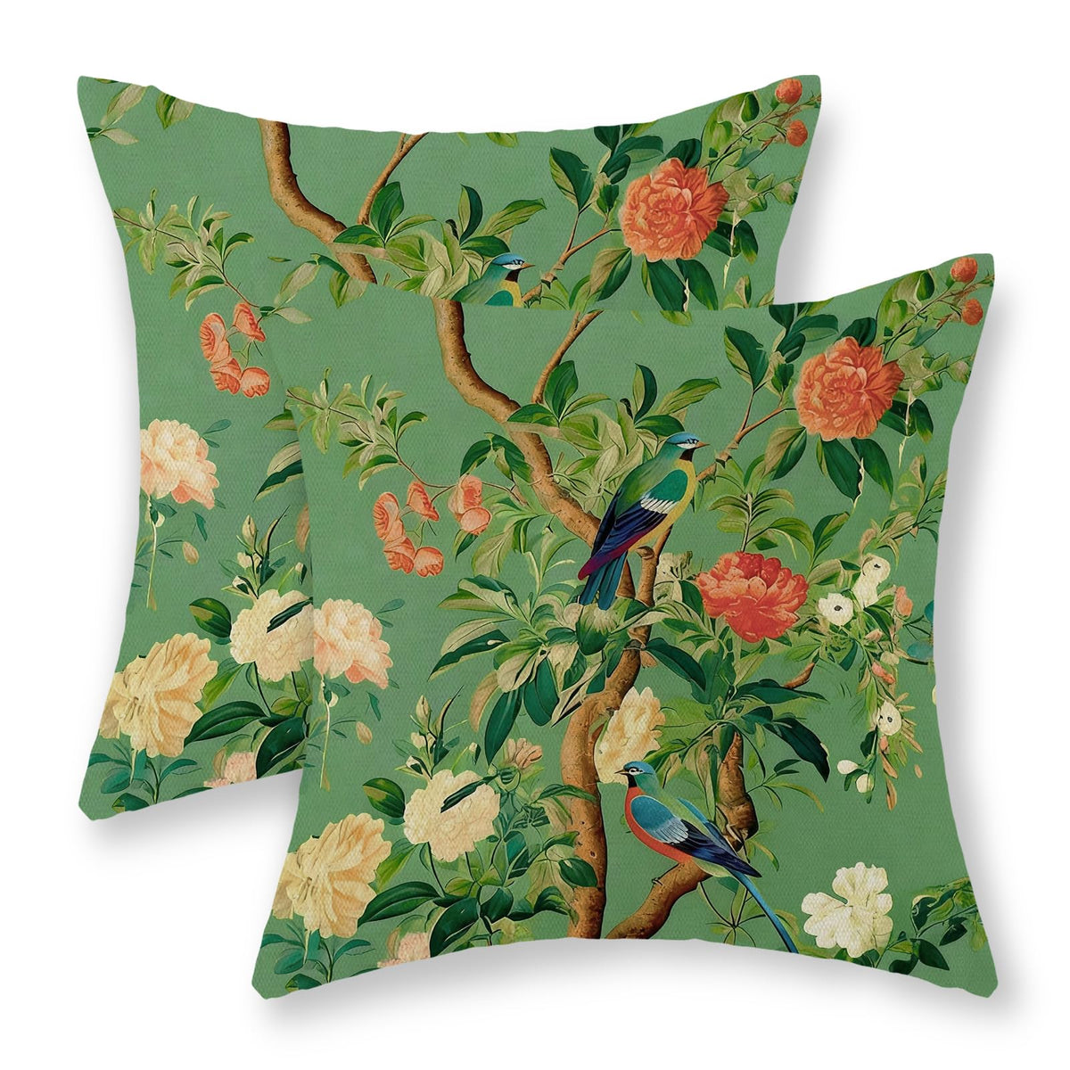 Sage Green Pillow Covers 18x18 Set of 2 Light Green Chinoiserie Bird Floral Throw Pillows Outdoor Decor Vintage Hummingbird Flower Pillow Cases Linen Decorative Cushion Cover for Couch Sofa