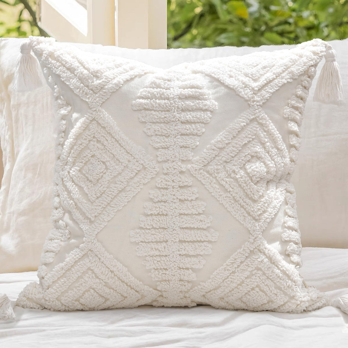 Boho Sofa Throw Pillow Covers – Exquisitely Crafted with Hand-Finished Tuft with Thick Cotton Tassel Details – Soft & Stylish Moroccan Decorative, 18x18inch (Spring Ruched)