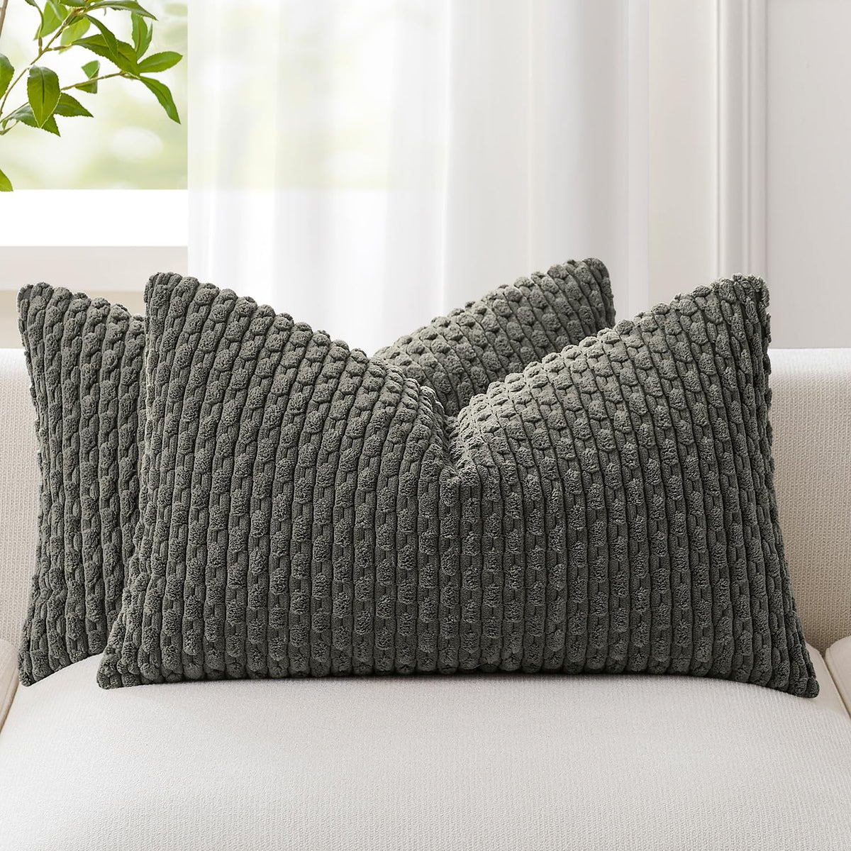 Kevin Textile Soft Corduroy 18x18 Inch Pillow Covers 2 Pack, Dark Green