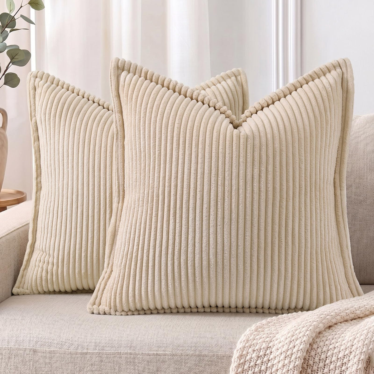 Mecatny Corduroy Fall Throw Pillow Covers 18x18 Set of 2 Cream White