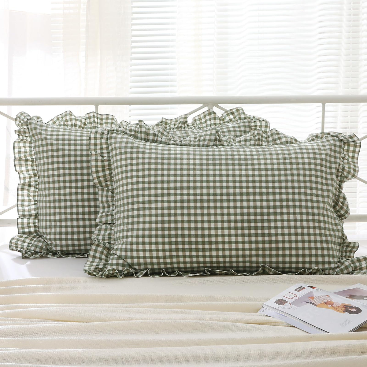2 Pack Taupe White Gingham Ruffle Throw Pillow Covers 18''x18''