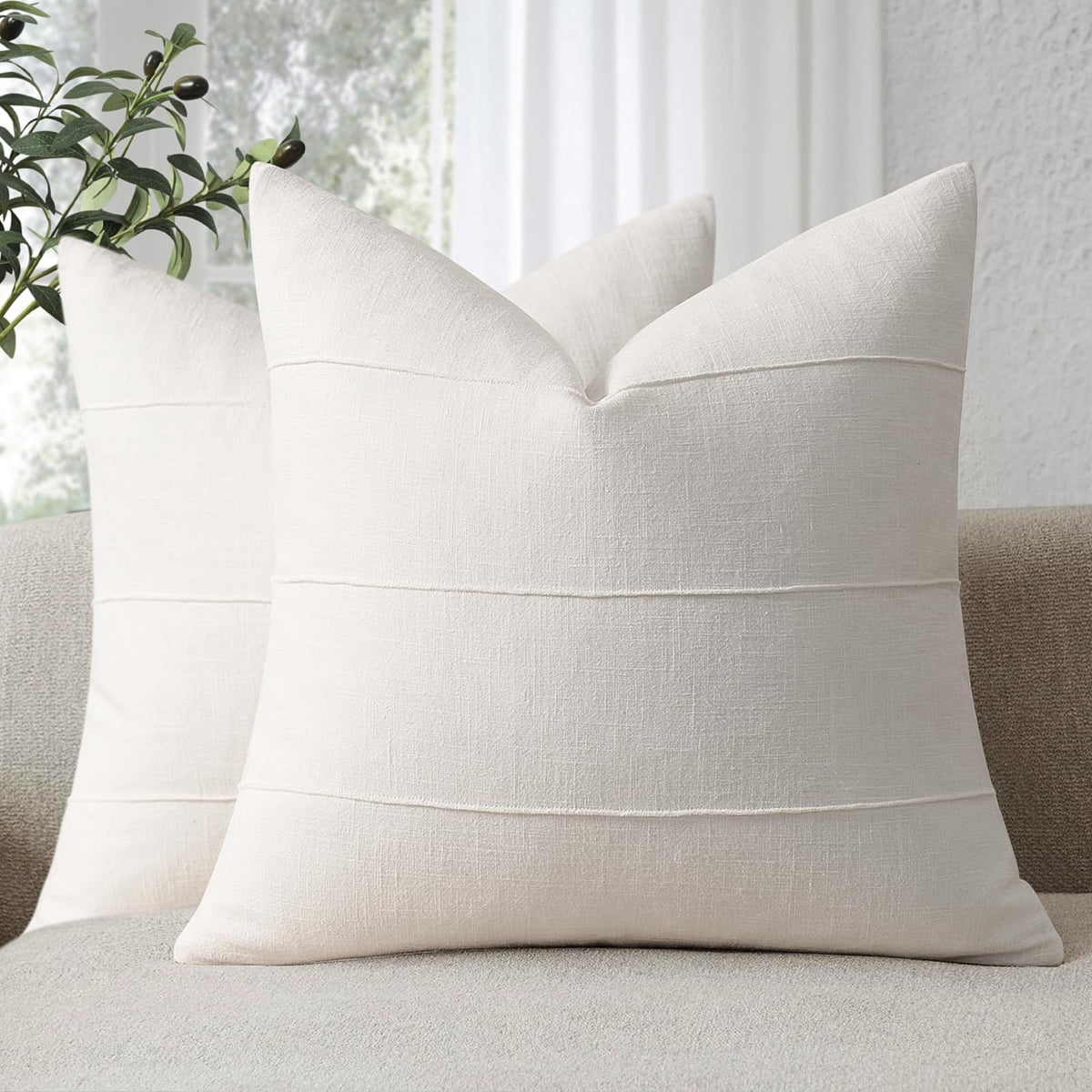 Decorative Linen Throw Pillow Covers 18x18 Set of 2 Solid handcrafted Striped Cushion Covers for Bed Soft Modern Farmhouse Neutral Pillowcase for Couch Bedroom Living Room Home Decor(Cream White)