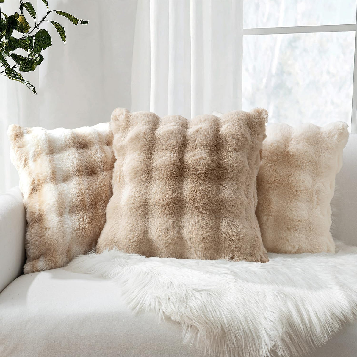 MIULEE Pack of 2 Faux Fur Fluffy Pillow Covers 18x18 Inch, Khaki