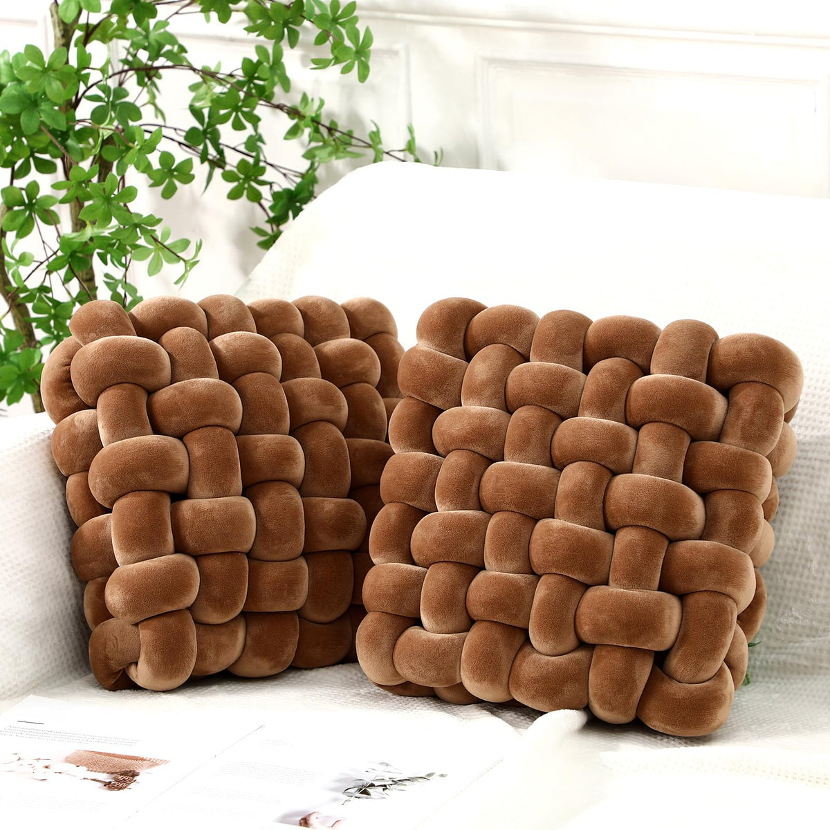 Wenqik 2 Pcs Knot Pillows Square Throw Pillow, Caramel, Crystal Velvet
