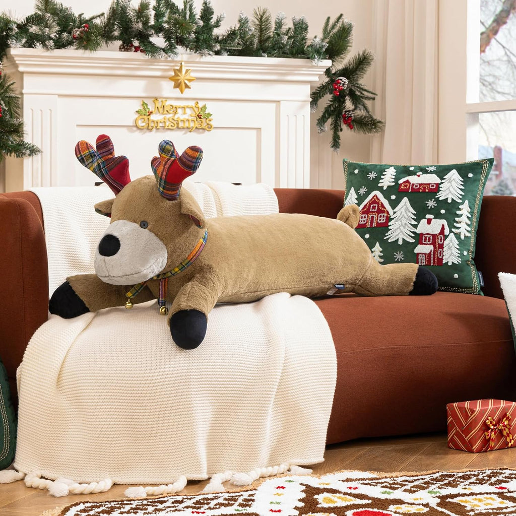 Phantoscope Christmas Animal Series, Reindeer Shaped Throw Pillow with Bell, Faux Rabbit Fur Christmas Body Pillow Decorative Pillows for Couch Sofa Bed, Light Brown Reindeer 30.5 x 9 inches
