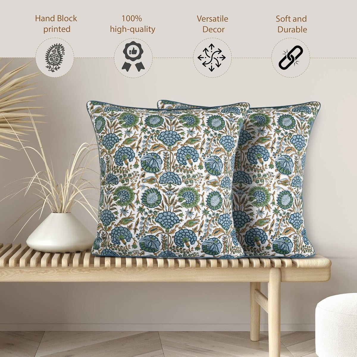 Ridhi Asparagus Green Block Print Cotton Pillow Cover 16x16 Inch Set of 2