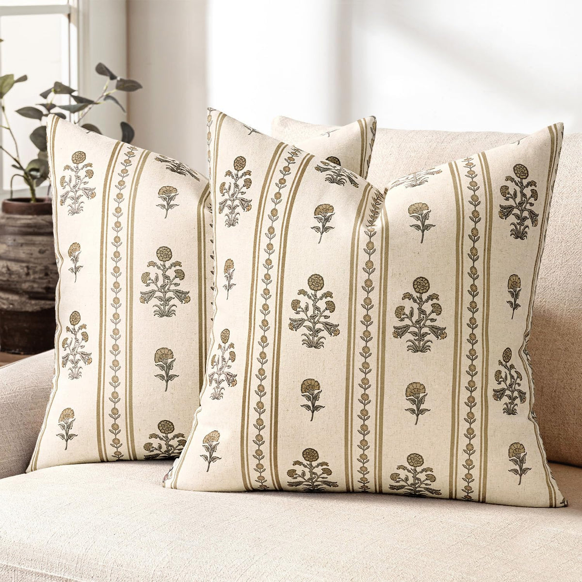 Striped Floral Throw Pillow Covers 18x18 Inch Set of 2 Brown