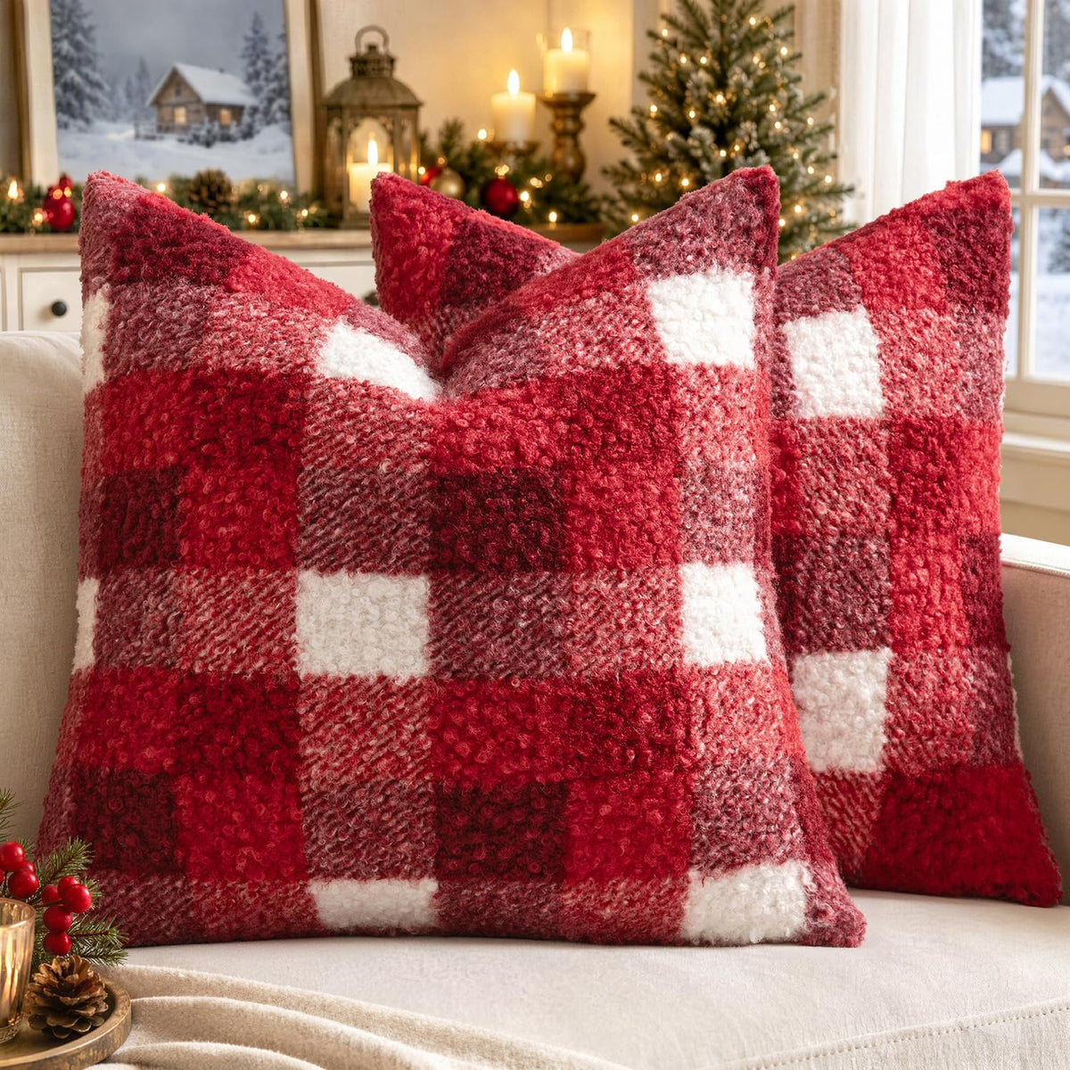 MIULEE Fall Plaid Pillow Covers Boucle Orange 18x18 Set of 2