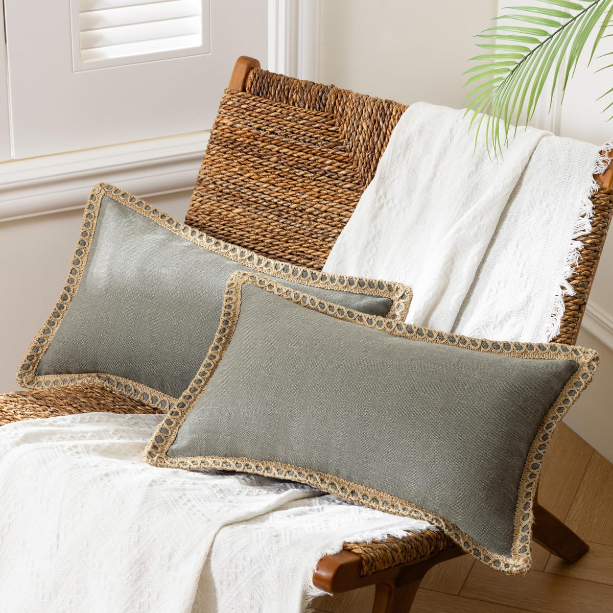 Phantoscope Pack of 2 Coastal Aqua Pillow Covers 18x18, Textured Polyester with Rope Trim, Fade Resistant Vintage Turquoise Blue Decorative Cushion Cases, Hidden Zipper, Farmhouse Boho Beach Decor