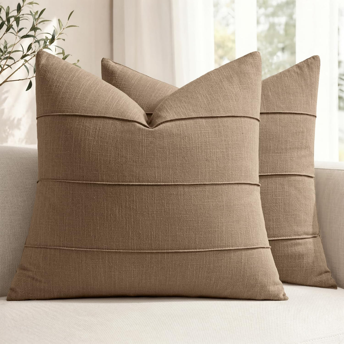 MIULEE Decorative Linen Throw Pillow Covers 18x18 Natural Beige Striped
