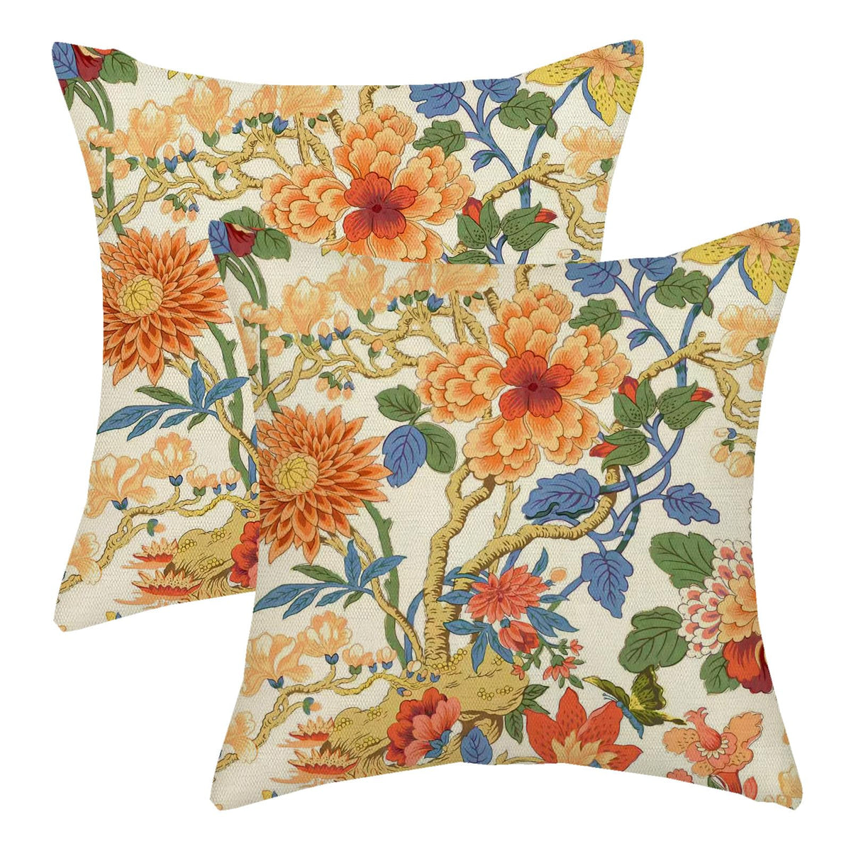 Sage Green Pillow Covers 18x18 Set of 2 Light Green Chinoiserie Bird Floral Throw Pillows Outdoor Decor Vintage Hummingbird Flower Pillow Cases Linen Decorative Cushion Cover for Couch Sofa