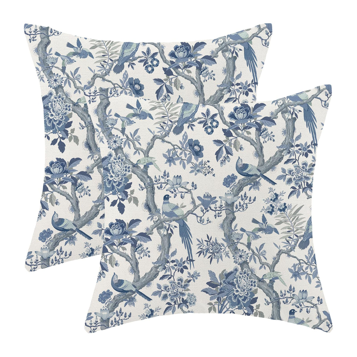 CXMEIFLY Spring Floral Birds Pillow Covers 22 x 22 Inch Set of 2 for Chinoiserie Flowers Decor Throw Pillows Blue and White Plant Outdoor Decorative Cushion Cases for Couch Bed Decorations