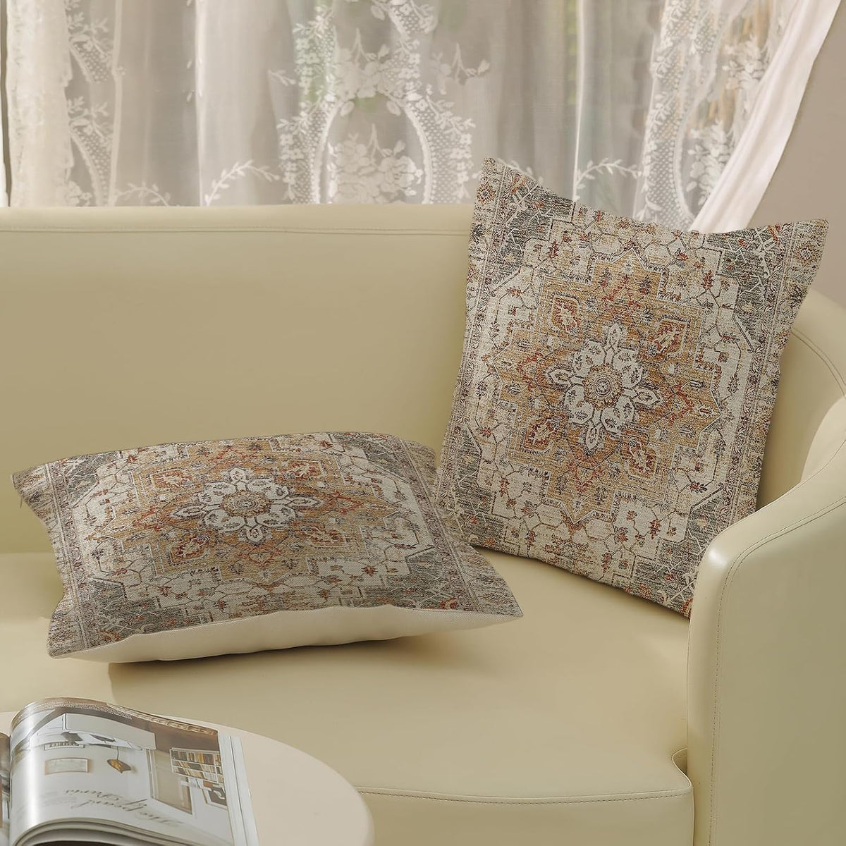 Boho Pillow Covers 18x18 Inch 2 Pcs Vintage Burnt Orange Grey Beige Carpet Pattern Ethnic Decor Throw Pillows Retro Outdoor Farmhouse Decoration Pillowcase Linen Cushion Cover for Couch Sofa
